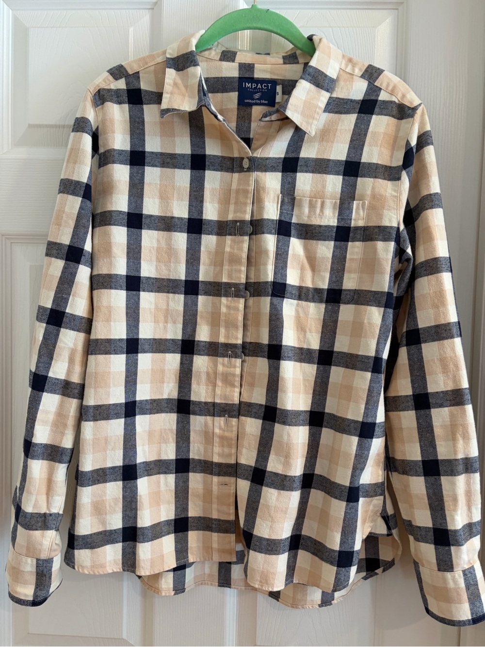 Impact Men's Beige and Navy Plaid Button-Down Flannel Shirt-Small